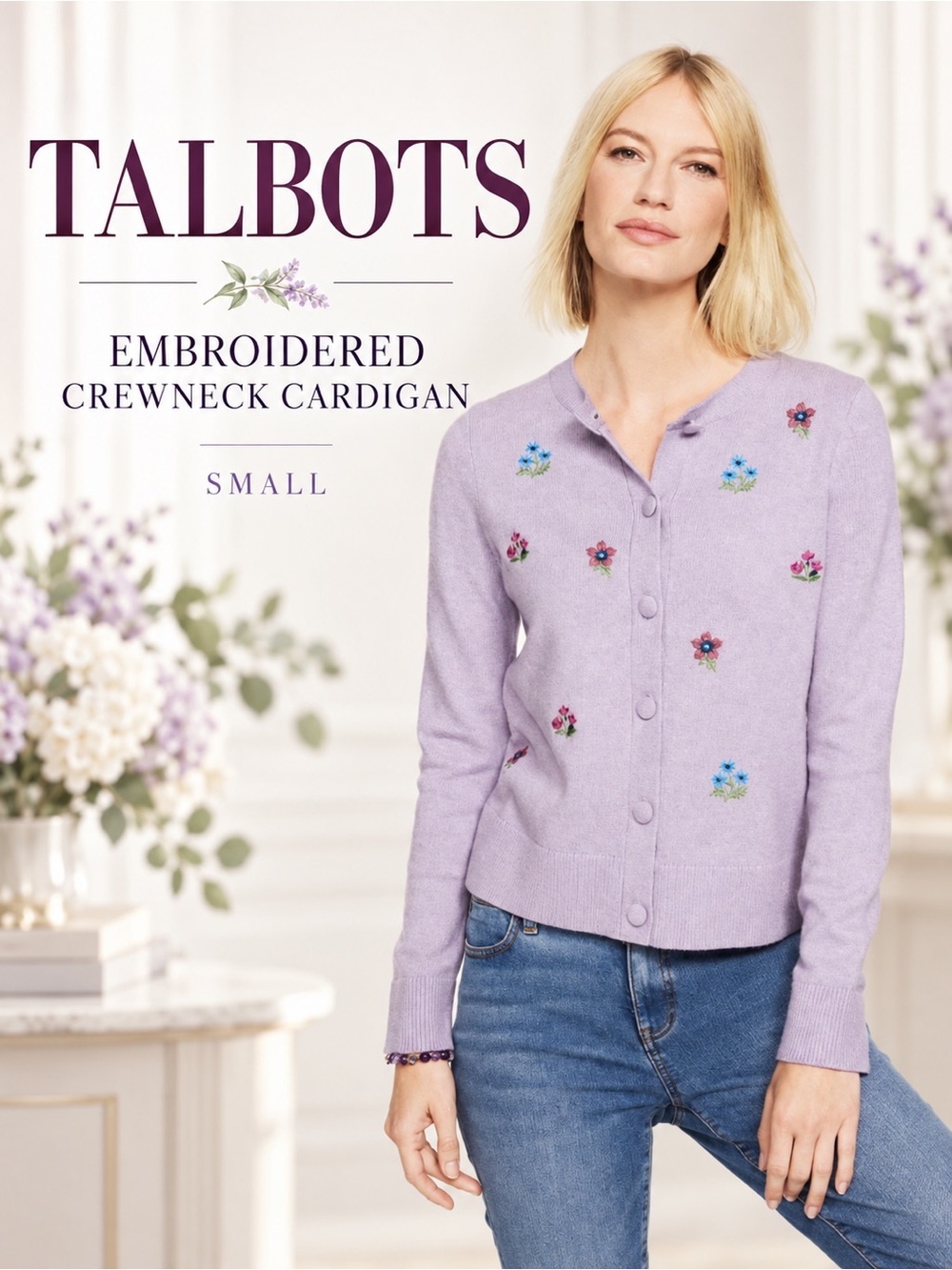Talbots Lavender Floral Embroidered Crewneck Cardigan NEW